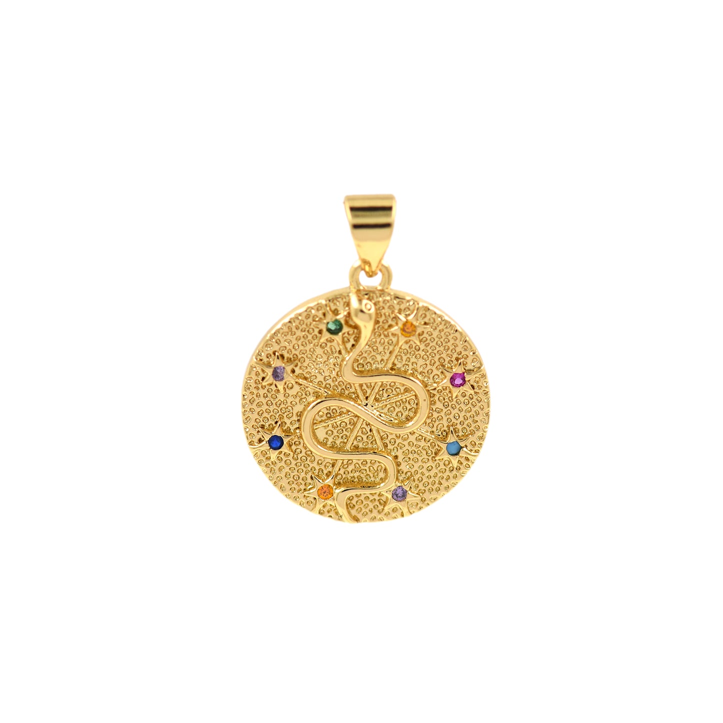 18K Gold Plated Colored Zircon Snake Pendant, Round Coin Relief Charm 18mm