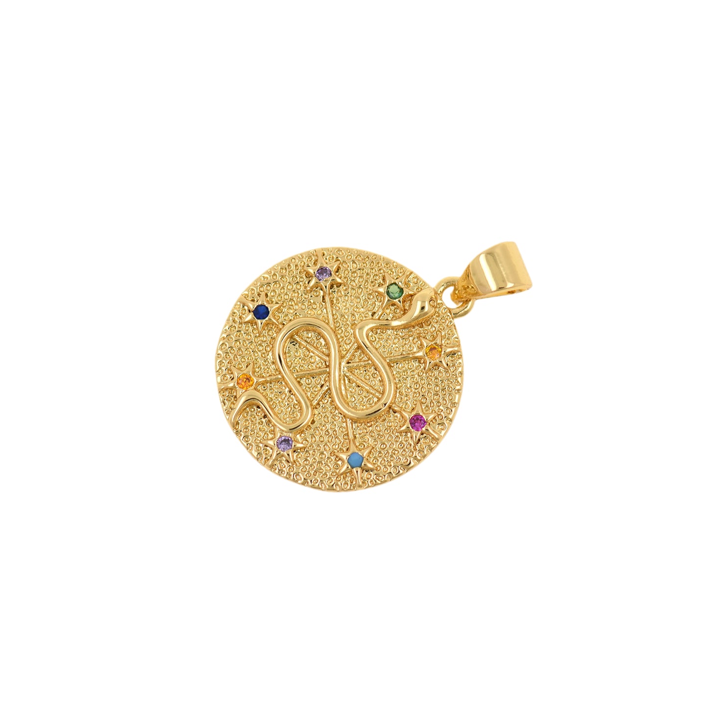 18K Gold Plated Colored Zircon Snake Pendant, Round Coin Relief Charm 18mm