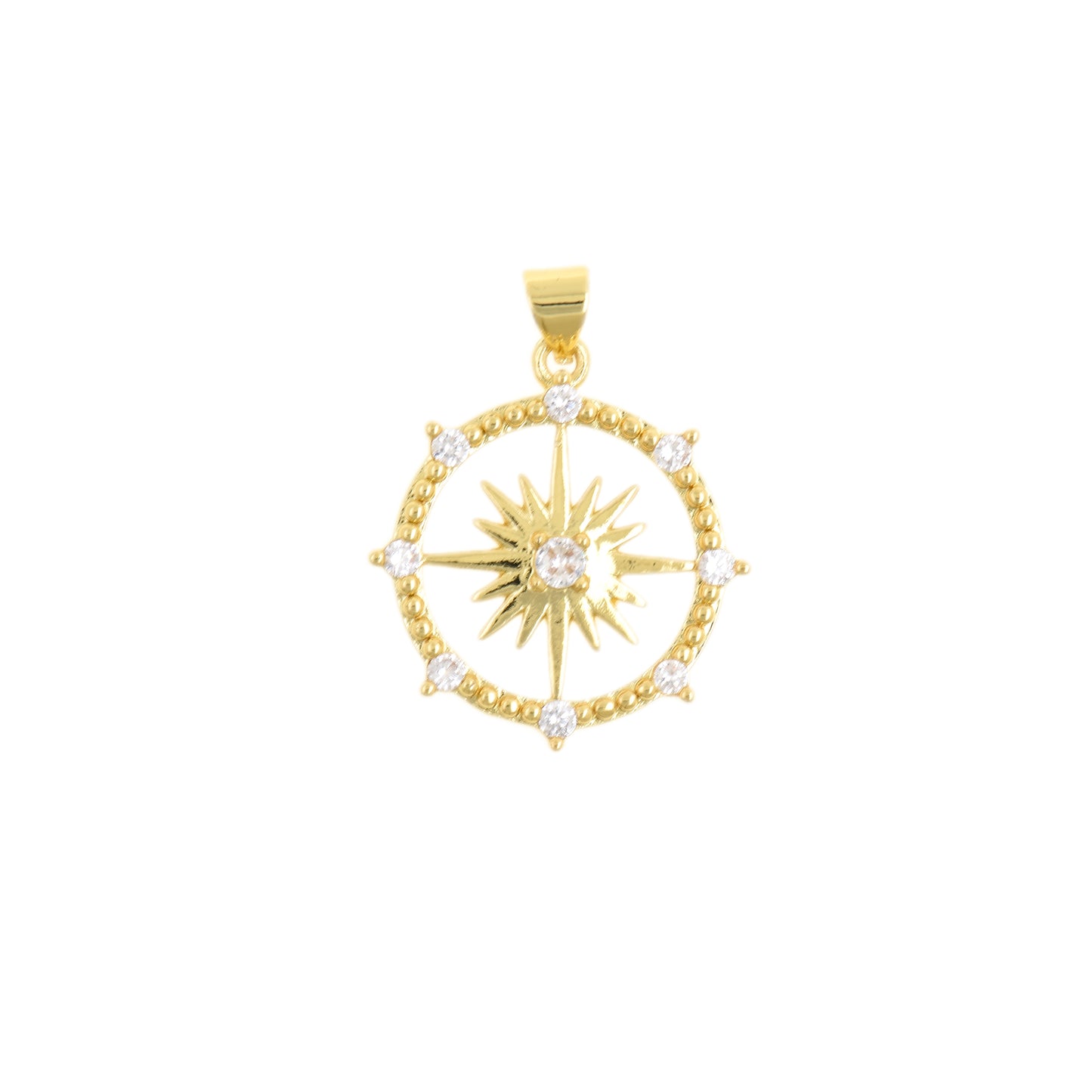 Adventurous Gold Compass Pendant with Star and CZ Inlays 22.7x25mm