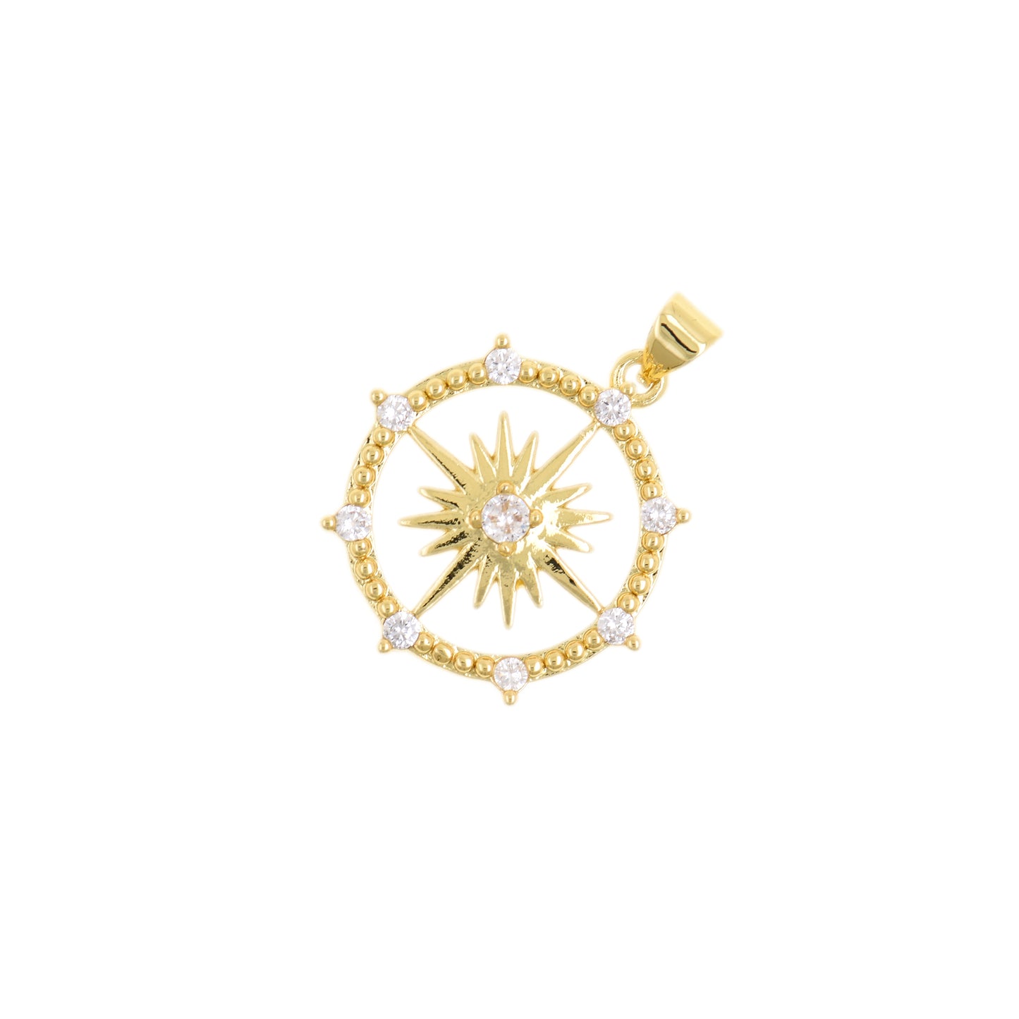Adventurous Gold Compass Pendant with Star and CZ Inlays 22.7x25mm