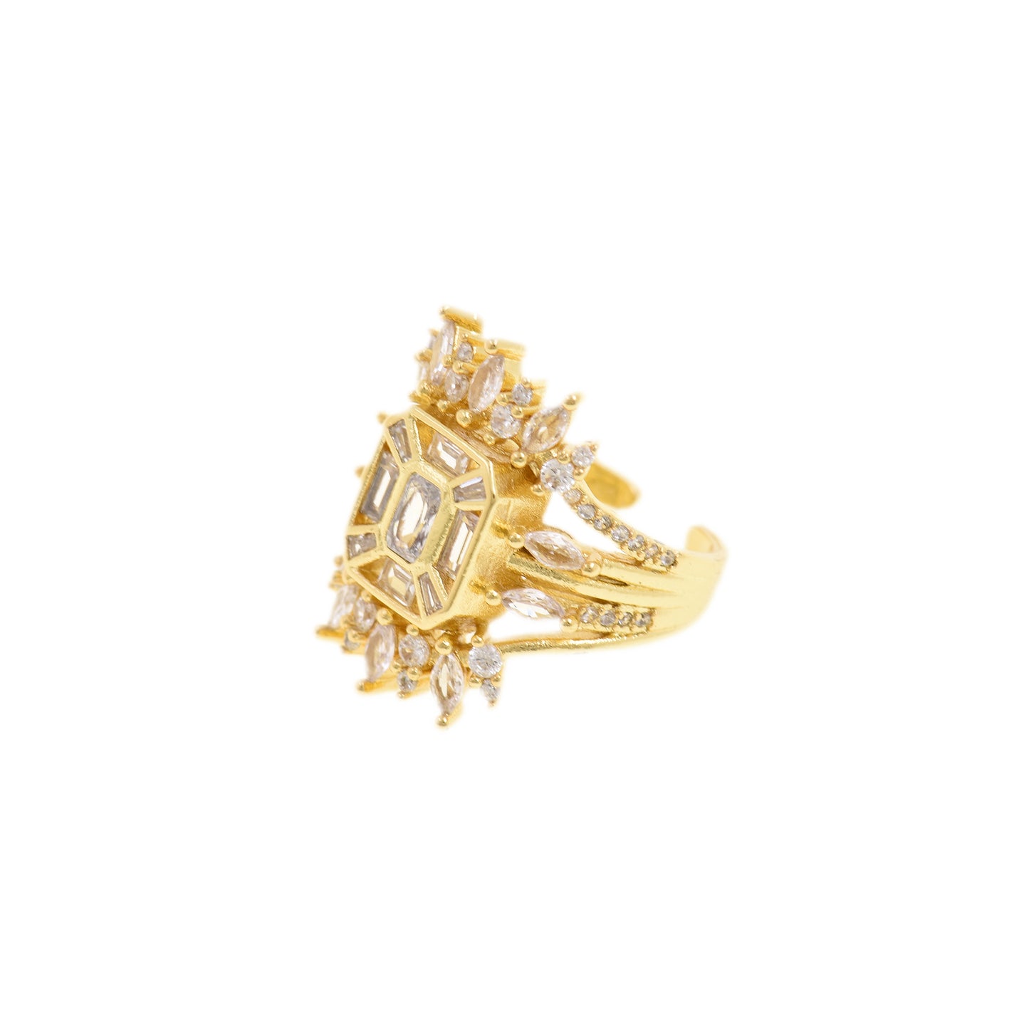 Exquisite Gold Wide Ring with Rectangular CZ and Radiant Inlays 23.5X21.2mm