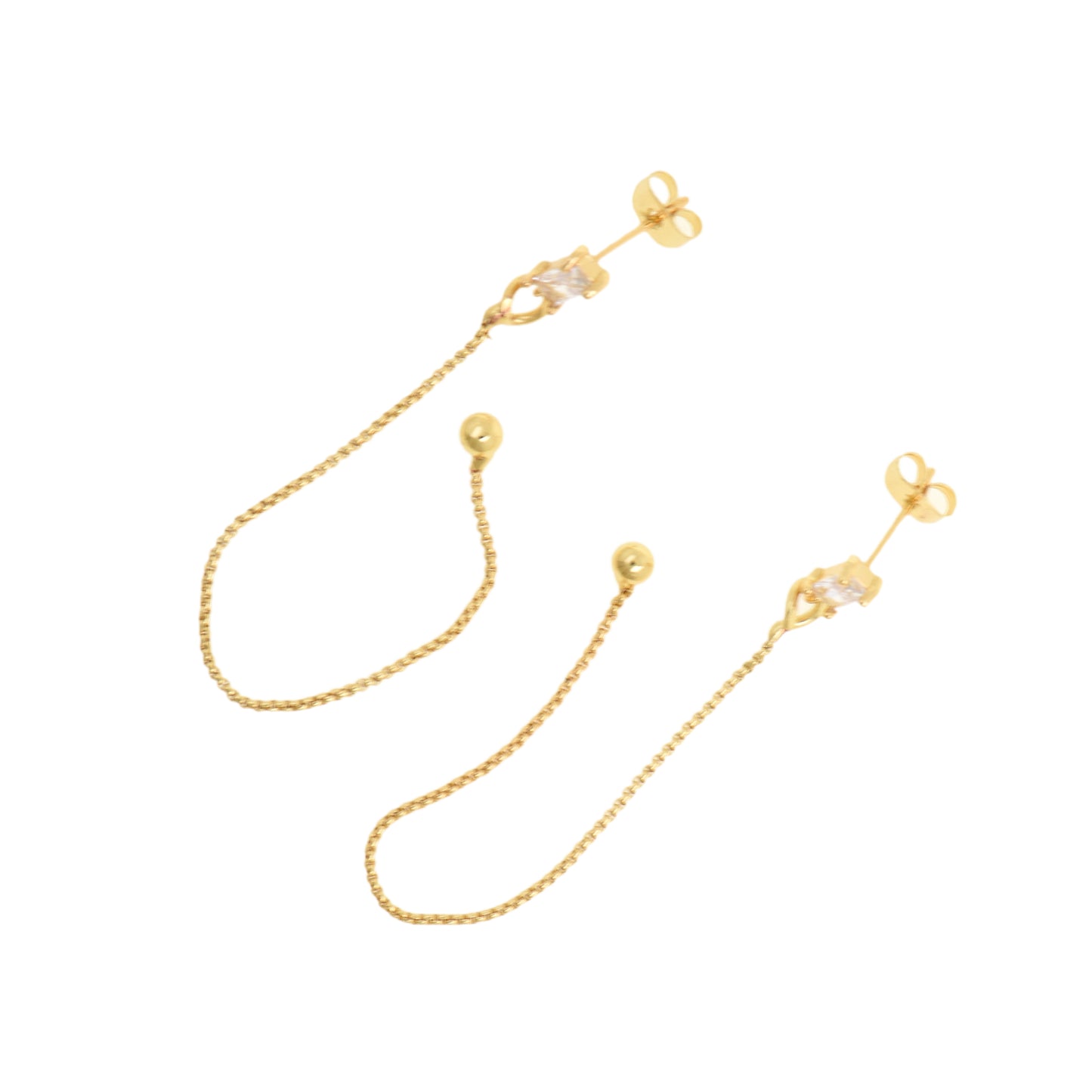 Shiny Gold Drop Earrings Featuring Fine Chains And Cubic Zirconia Studs 97x4mm