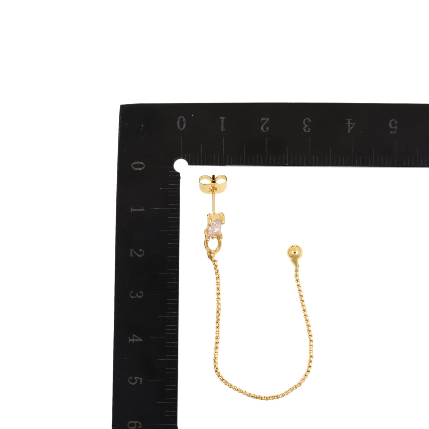 Shiny Gold Drop Earrings Featuring Fine Chains And Cubic Zirconia Studs 97x4mm
