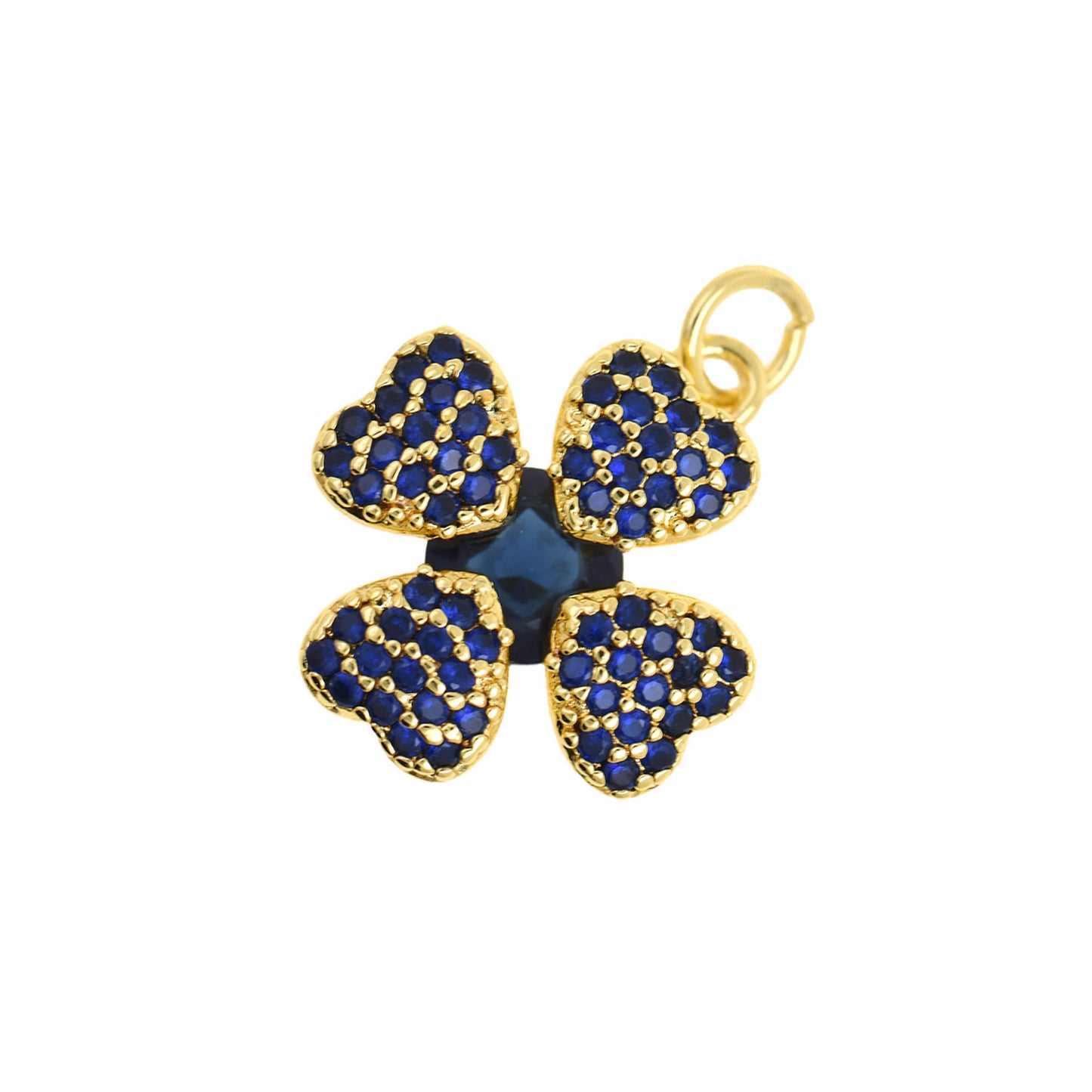Exquisite Gold Clover Charm with Blue Sapphire Accents 16x18.4mm