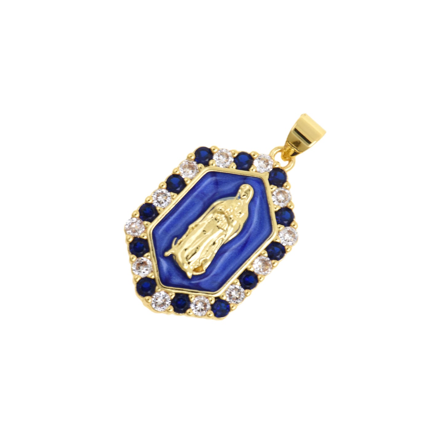 Hexagon Blue Virgin Mary Pendant With Gold Frame And Crystal Border 16.9x25.2mm