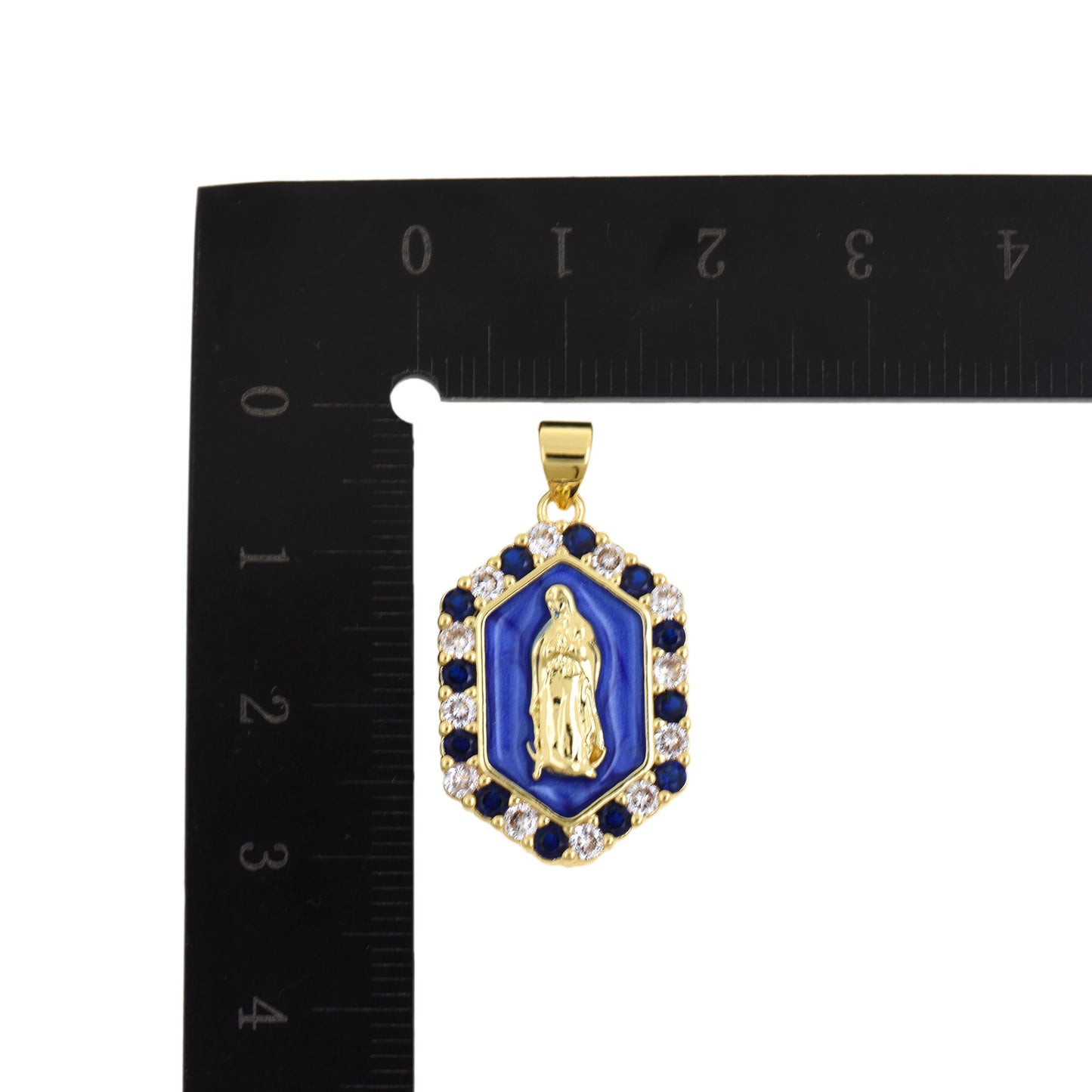 Hexagon Blue Virgin Mary Pendant With Gold Frame And Crystal Border 16.9x25.2mm