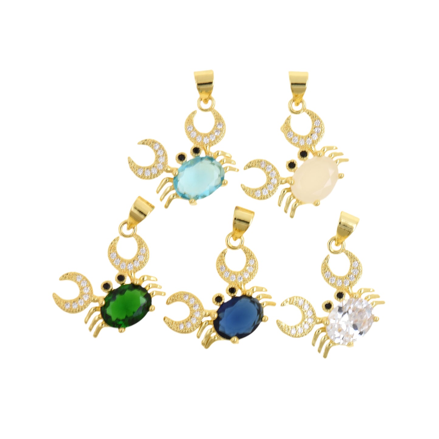 Gold Crab Pendant With Blue Oval Gemstone Body And Crystal Claws 18x15mm