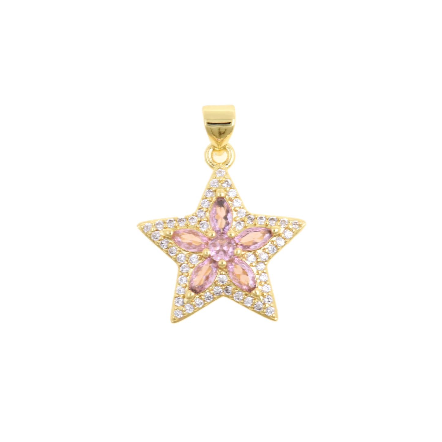 Dazzling Star Pendant With Pink CZ Flower Center 20.5x19mm