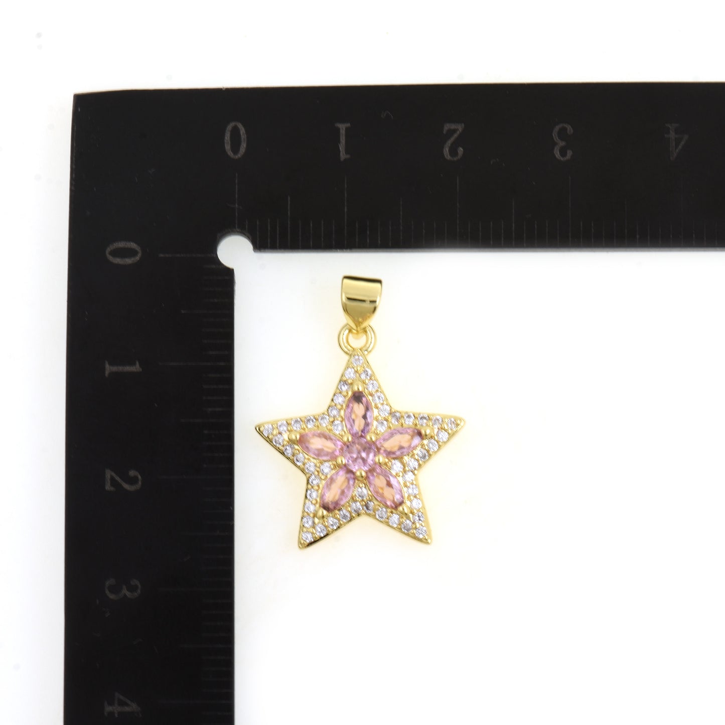 Dazzling Star Pendant With Pink CZ Flower Center 20.5x19mm