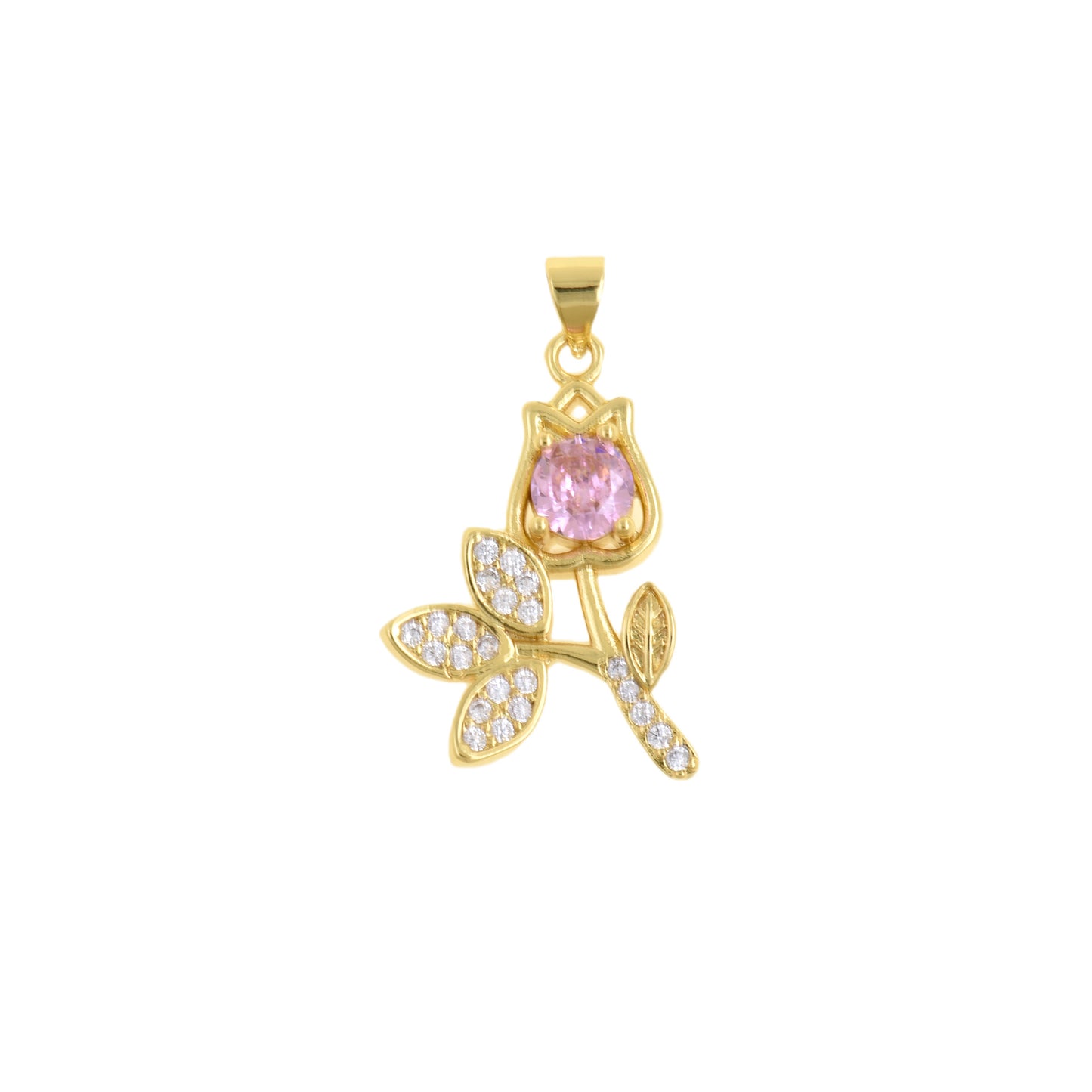 Elegant Gold Rose Flower Pendant With Pink CZ Center 27x18mm