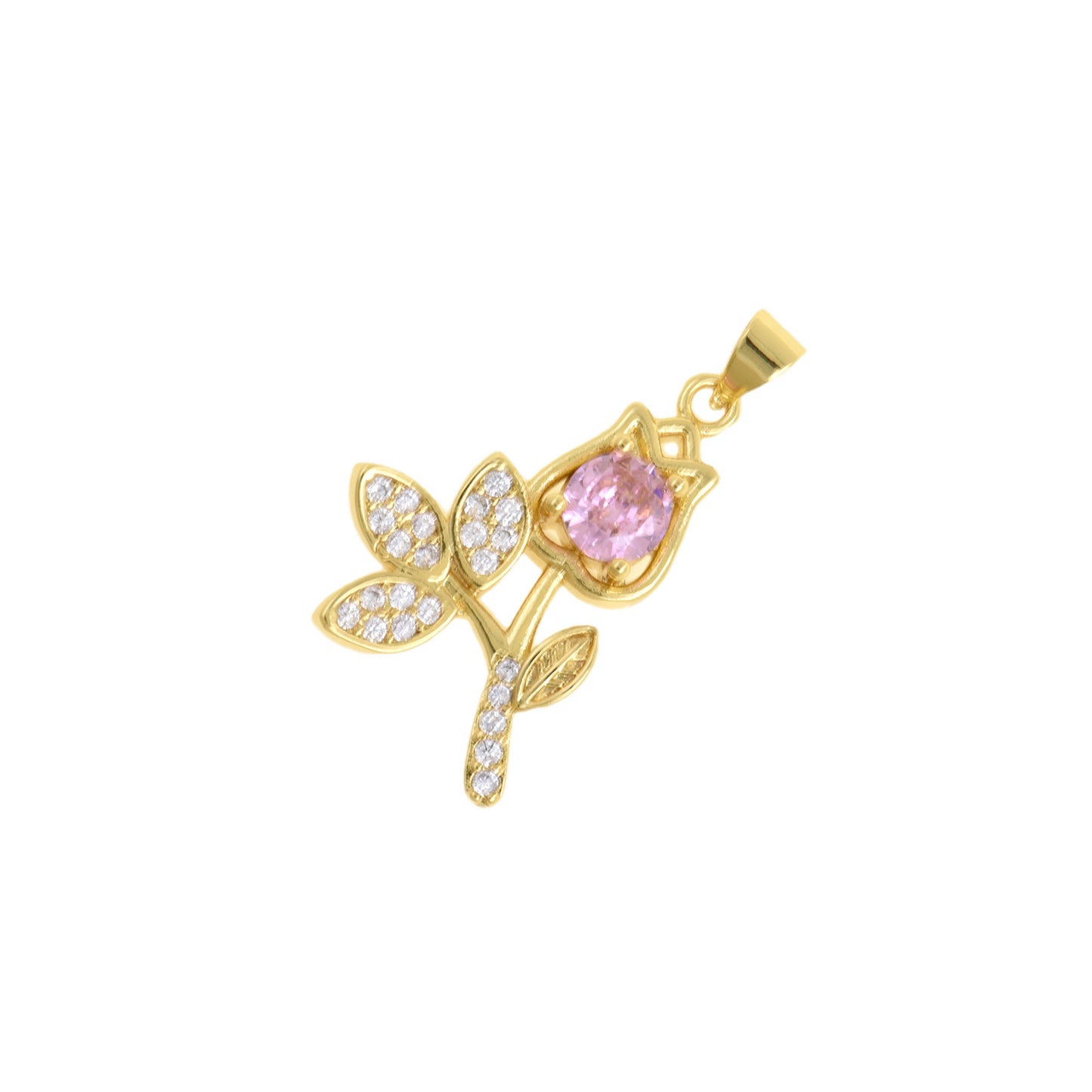 Elegant Gold Rose Flower Pendant With Pink CZ Center 27x18mm