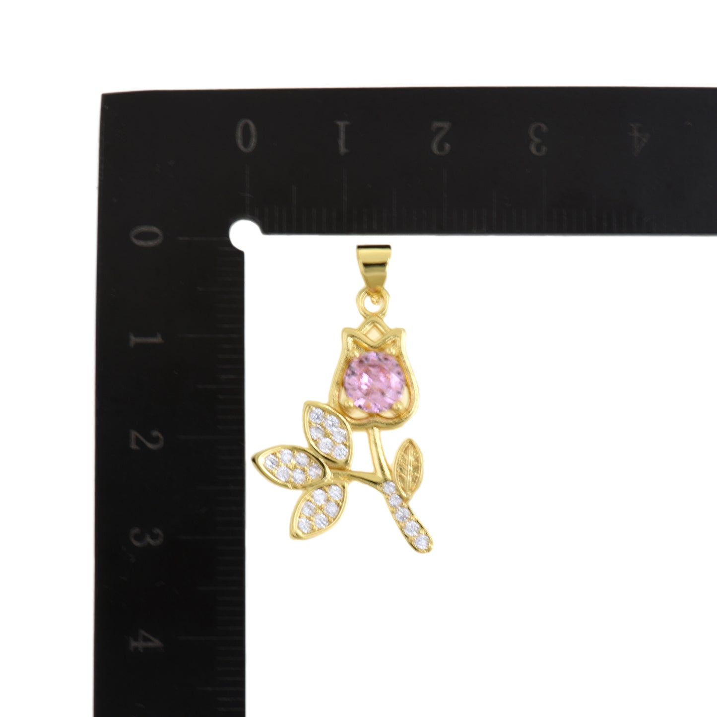 Elegant Gold Rose Flower Pendant With Pink CZ Center 27x18mm