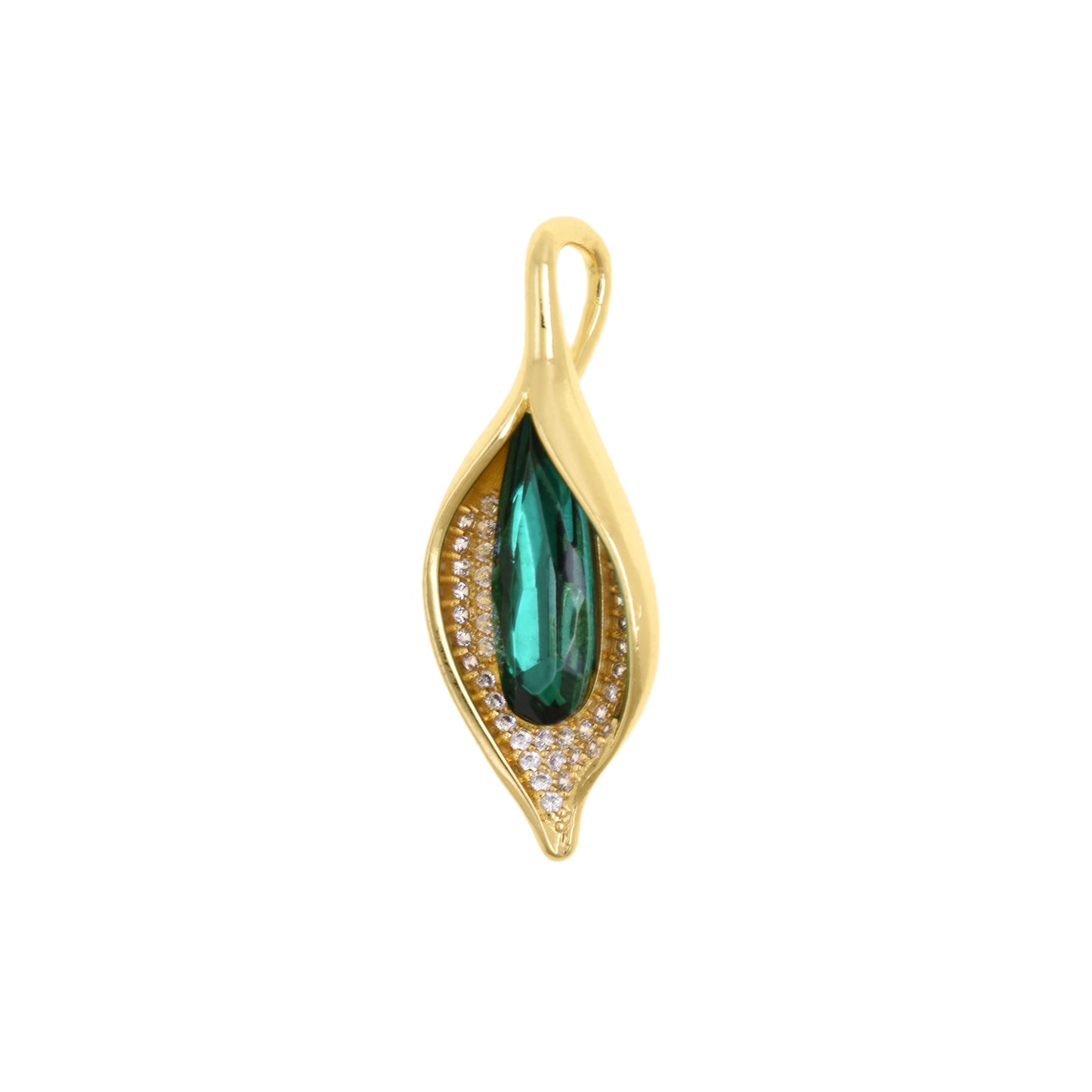 Elegant Leaf Shaped Pendant With Deep Green Teardrop Crystal 38x14mm
