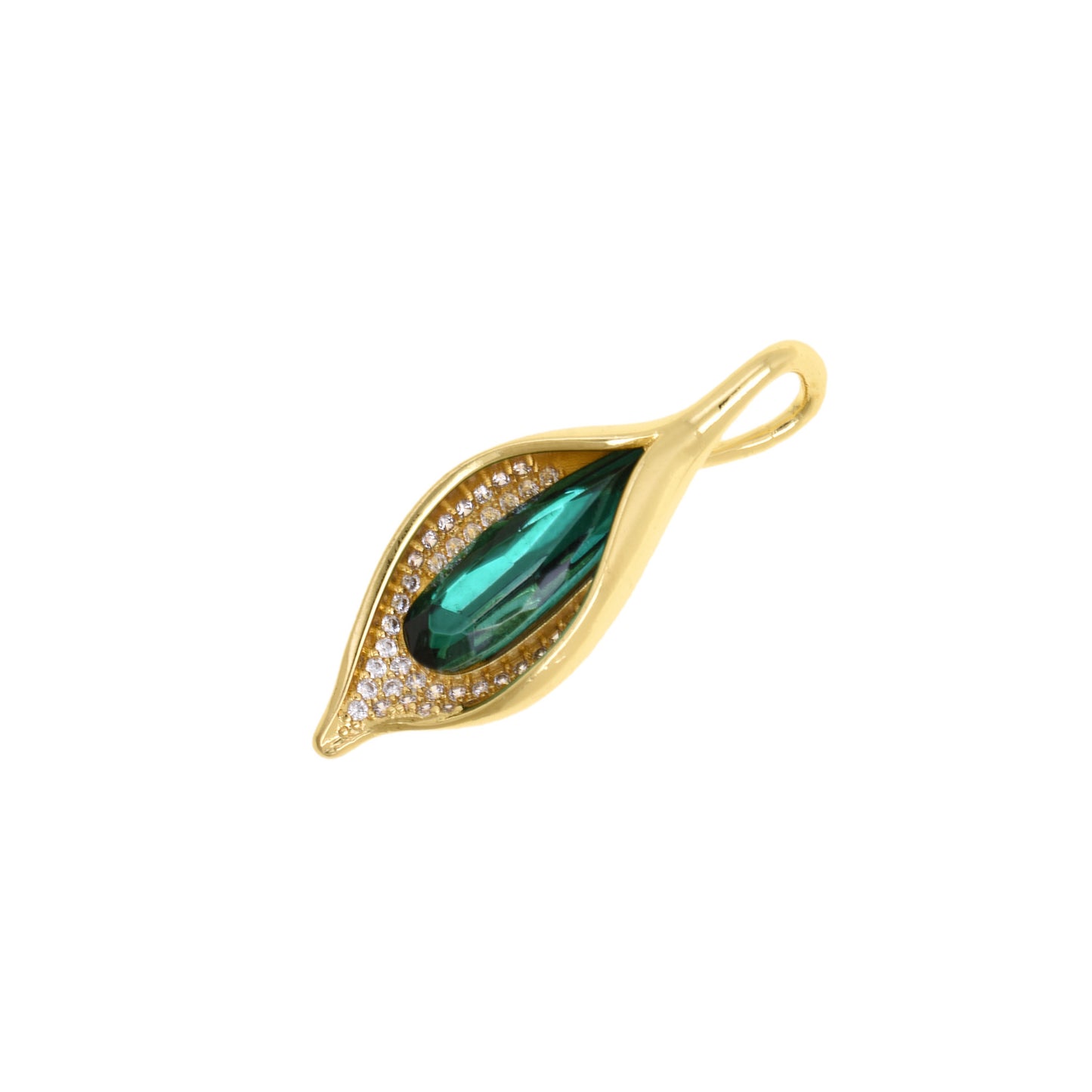 Elegant Leaf Shaped Pendant With Deep Green Teardrop Crystal 38x14mm