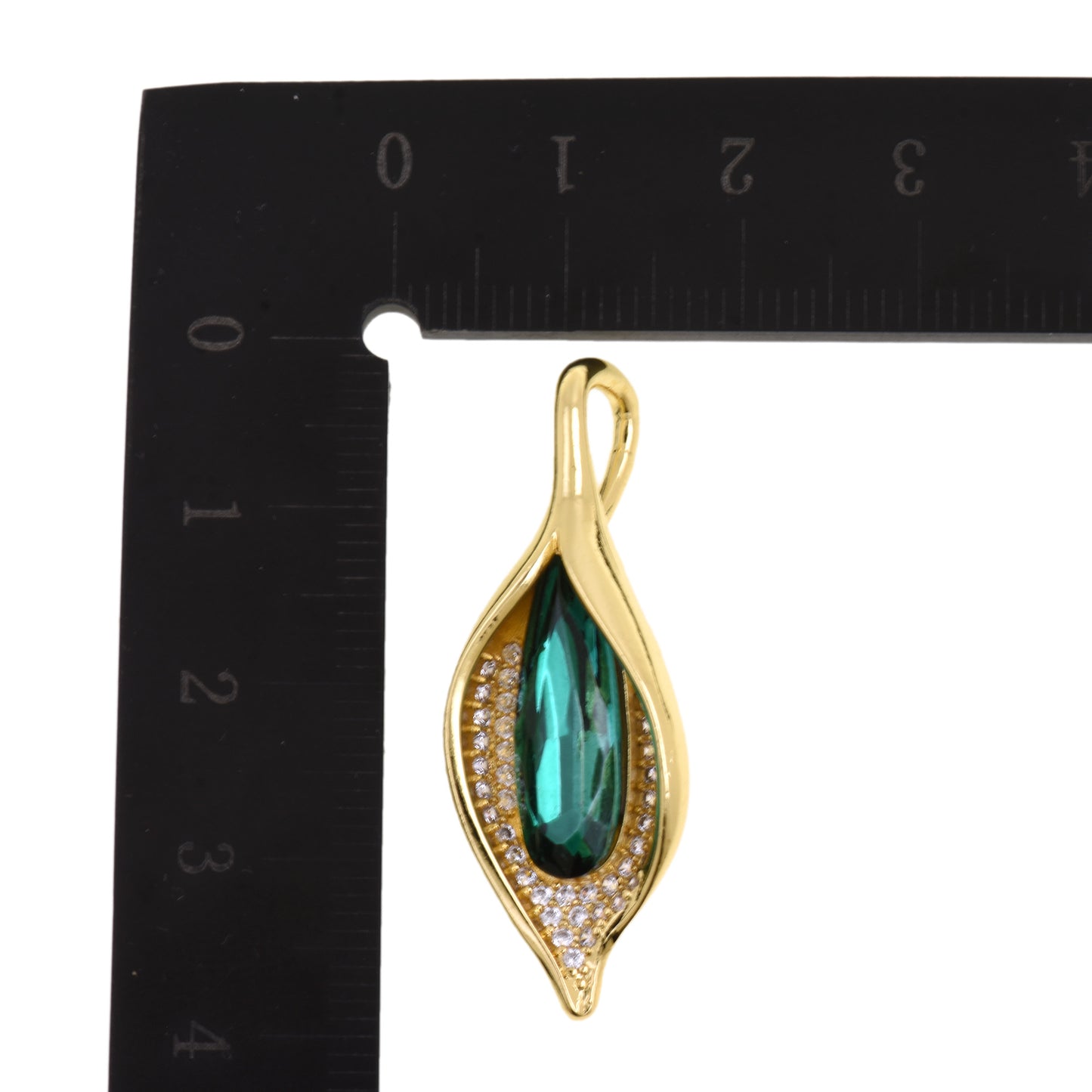 Elegant Leaf Shaped Pendant With Deep Green Teardrop Crystal 38x14mm