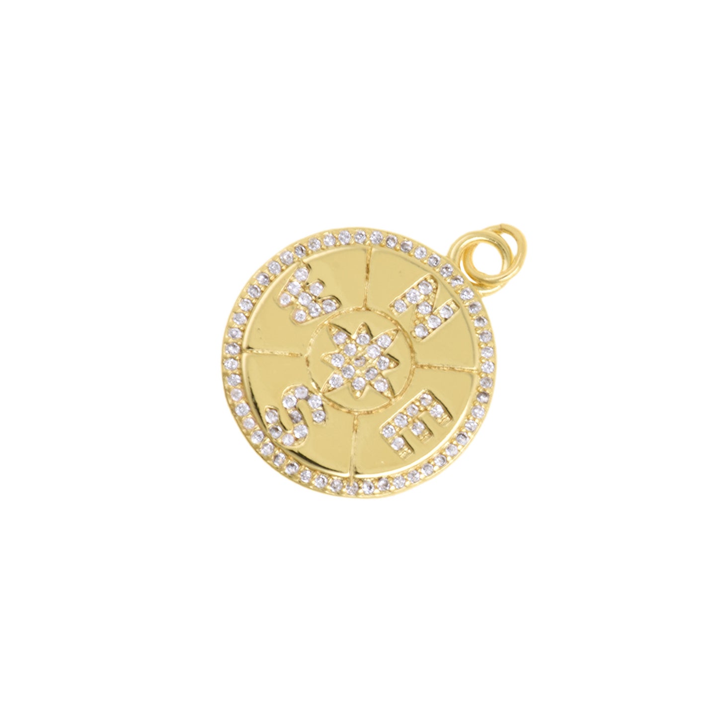 Gold Plated Medallion Pendant With CZ Engraved Compass Letters 20mm