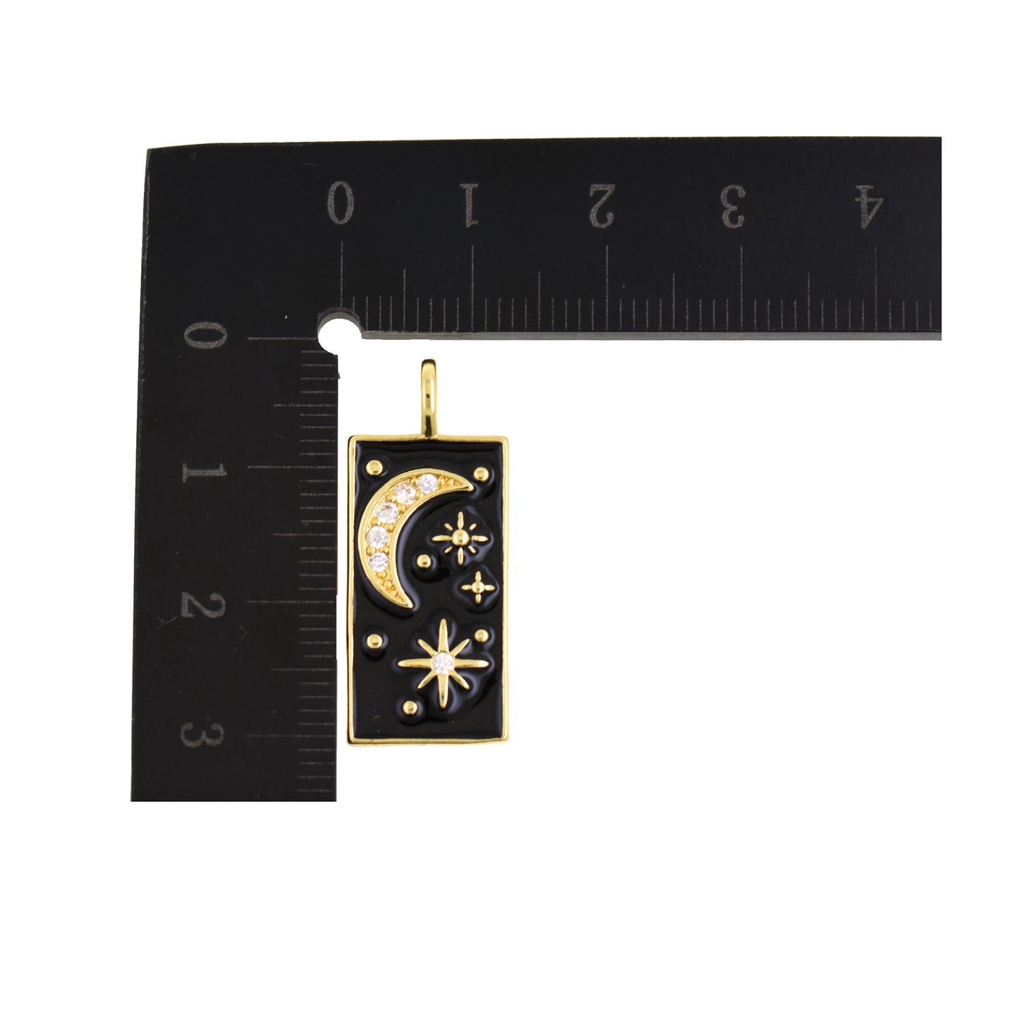 Enigmatic Gold Rectangle Pendant - Black Enamel Moon & Stars 12x28.9mm