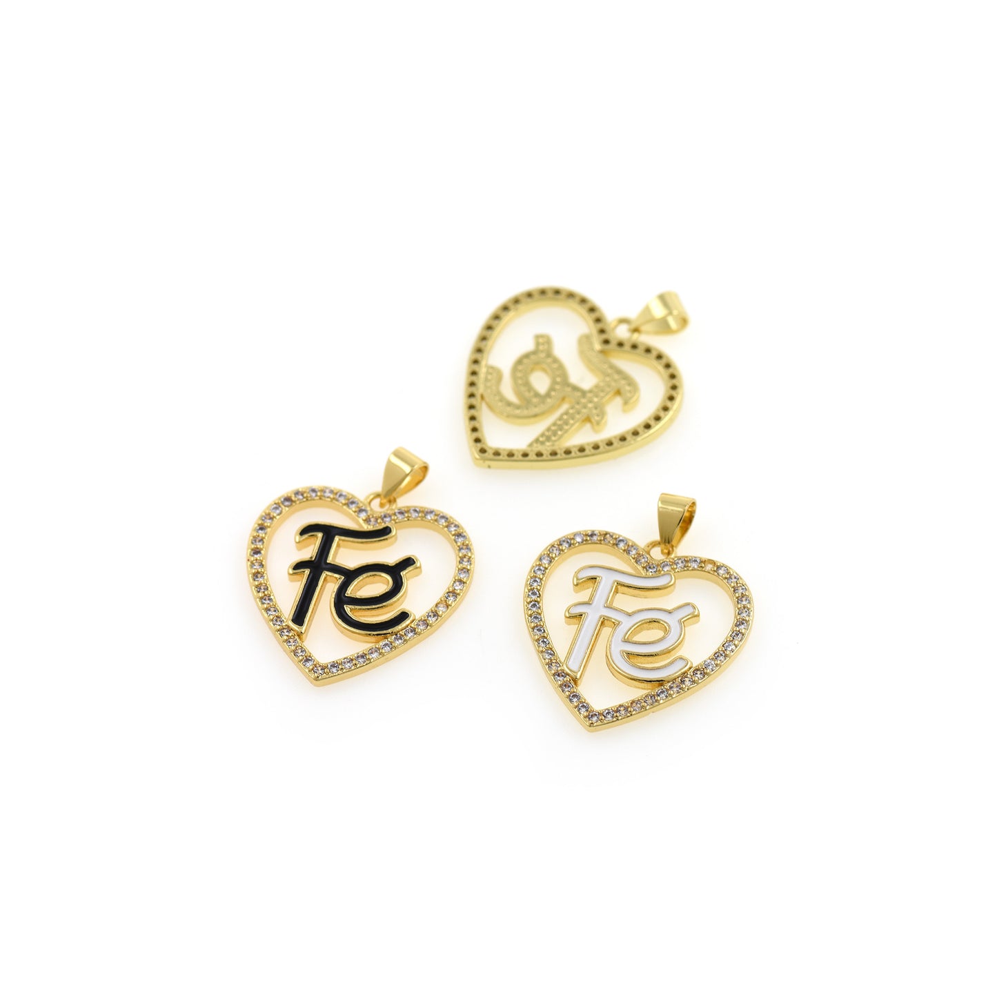 18k Gold Filled "Fe" Faith Clear Cubic Zirconia Heart Pendant Charm Faith Charm 23x25mm