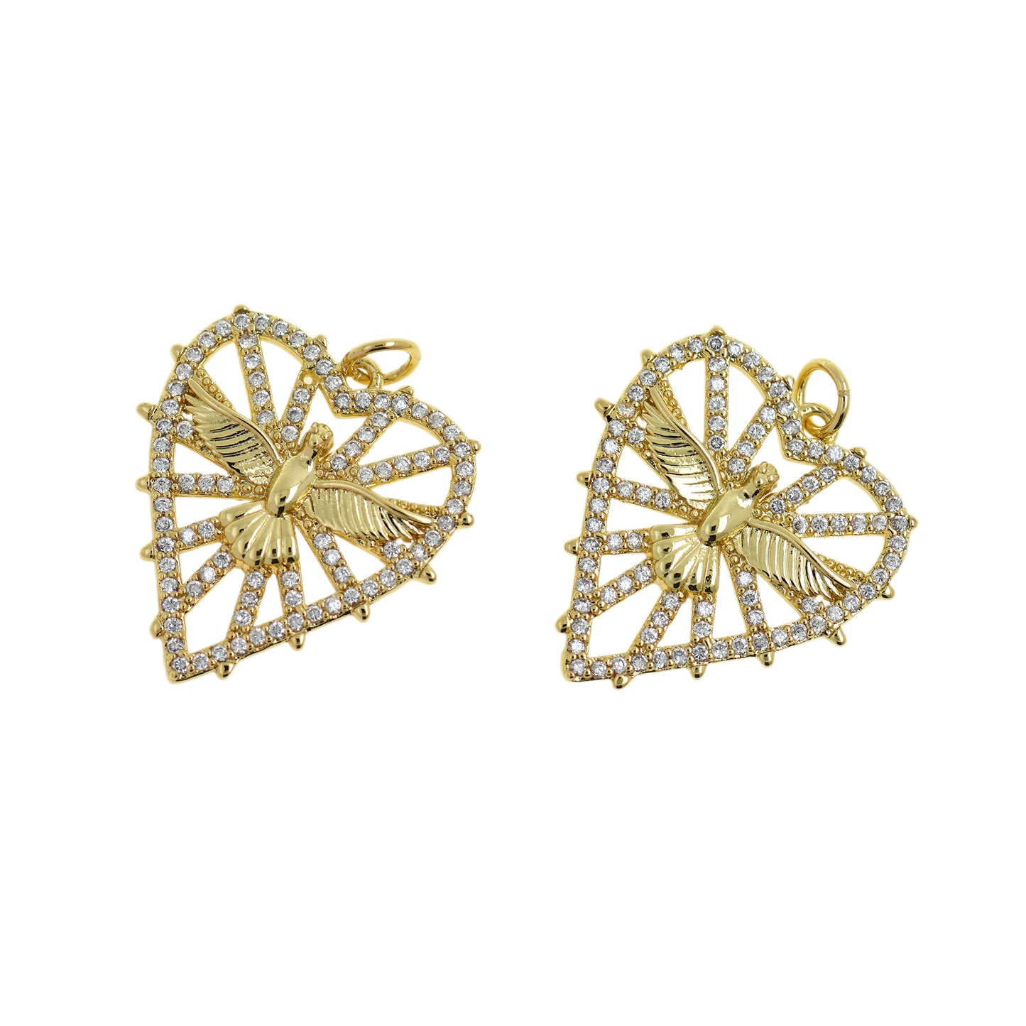 Micropavé Heart Bird Charm, Brass Openwork Necklace Pendant 24x22mm