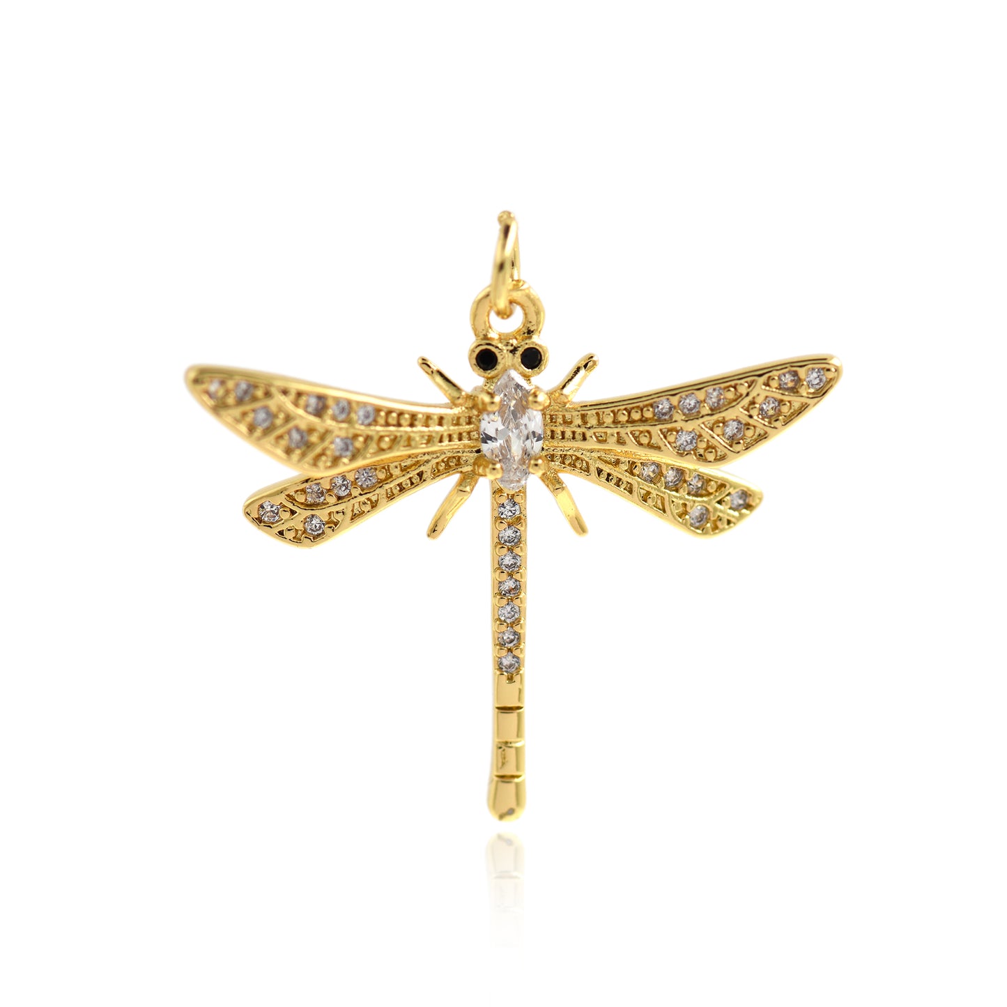18K Filled Gold Diamond Dragonfly Pendant, CZ Micropavé Dragonfly Charm 31x27mm