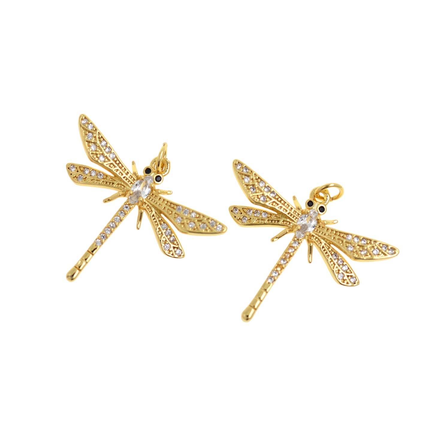 18K Filled Gold Diamond Dragonfly Pendant, CZ Micropavé Dragonfly Charm 31x27mm