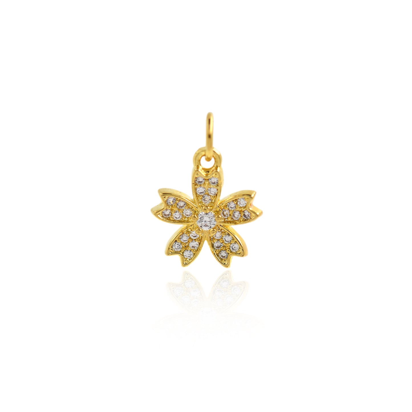 18K Filled Gold Diamond Flower Pendant, Plant Charm 13x11mm