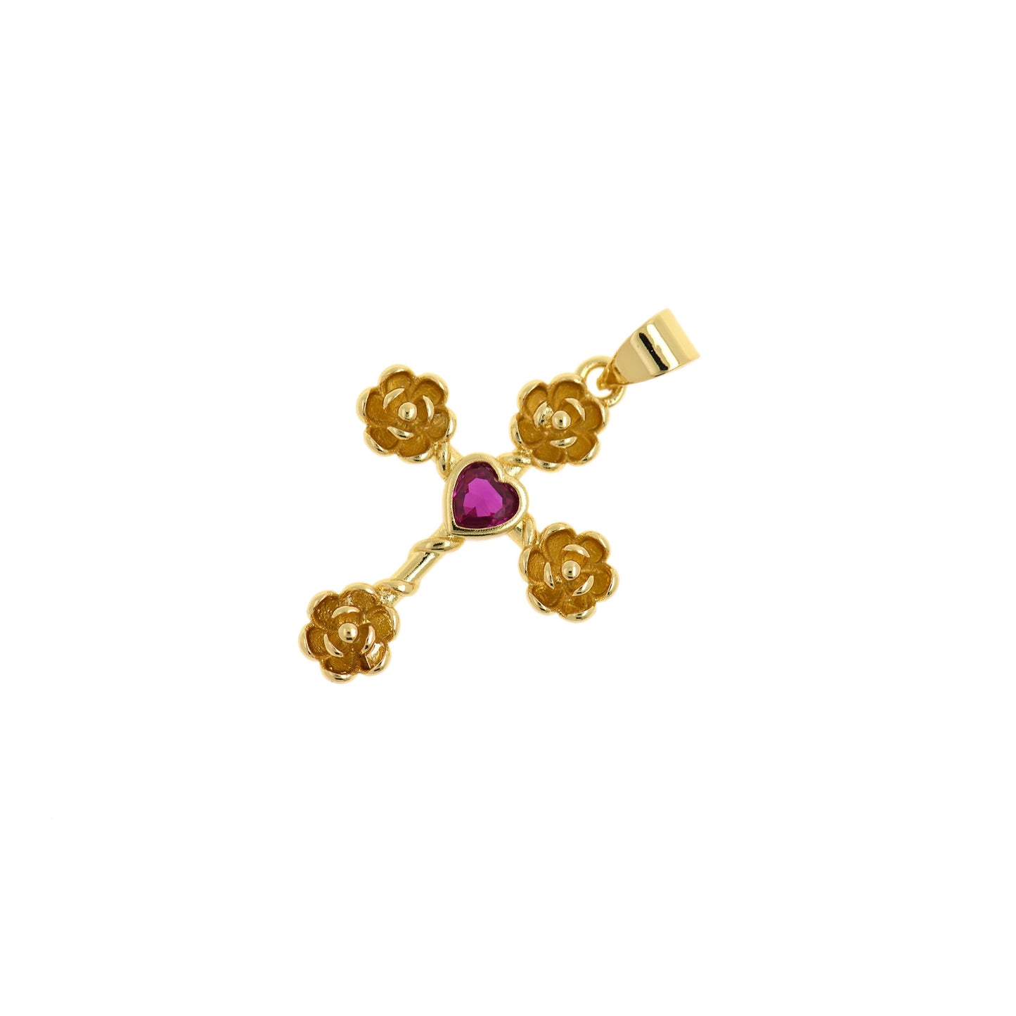 18K Gold Plated Colorful Heart Zircon Cross Pendant, Rose Charm 25x18mm