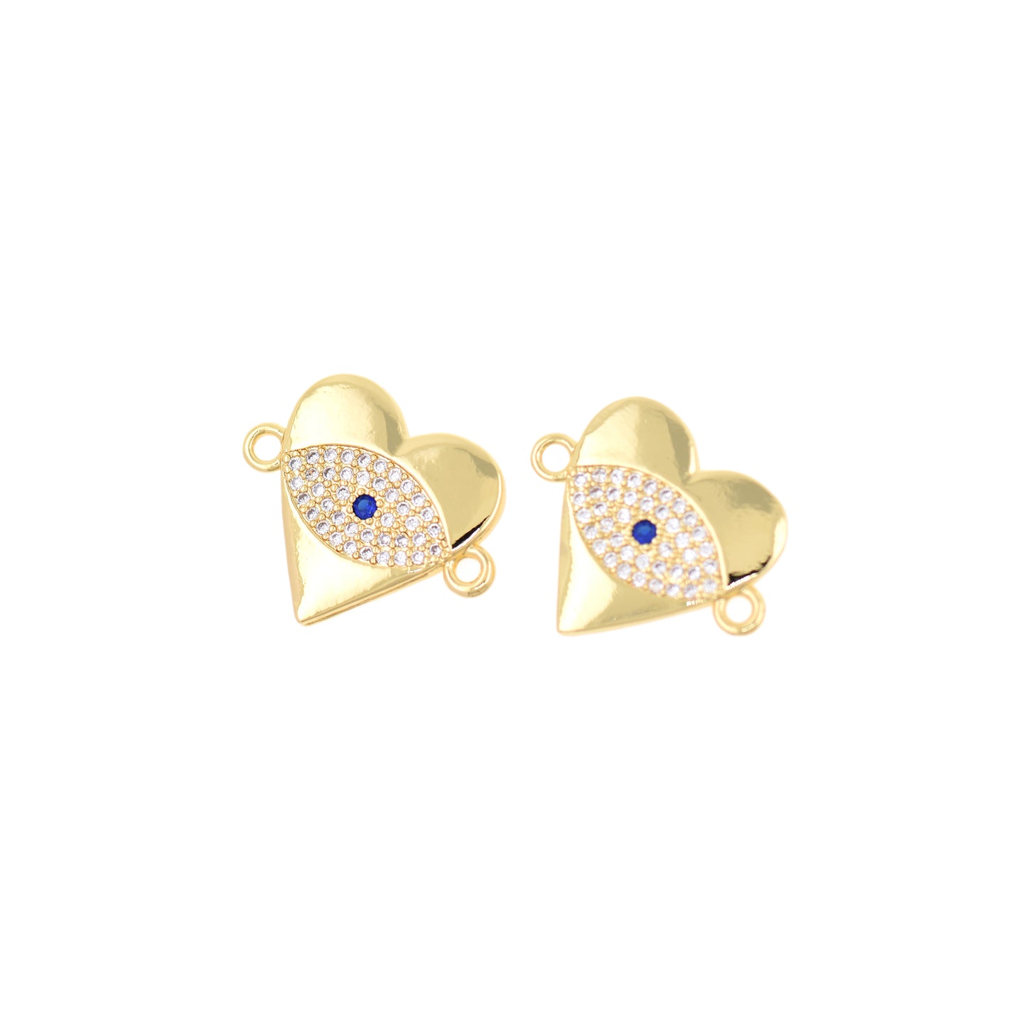 18K Filled Gold Diamond Evil Eye Connector, Heart Evil Eye Connector 19x16mm