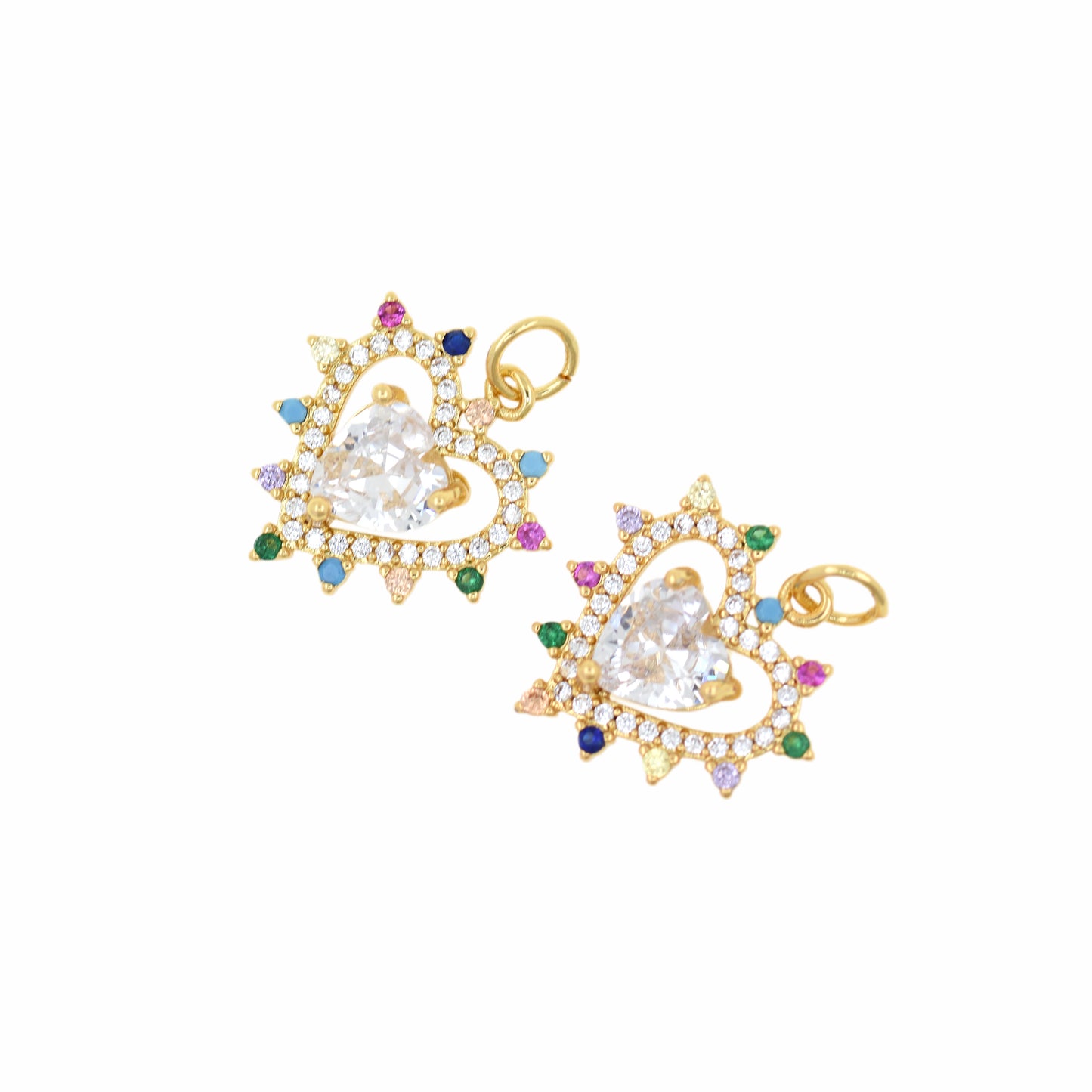 Gold Plated Colorful Zircon Heart Pendant, Openwork Heart Charm 18x17mm