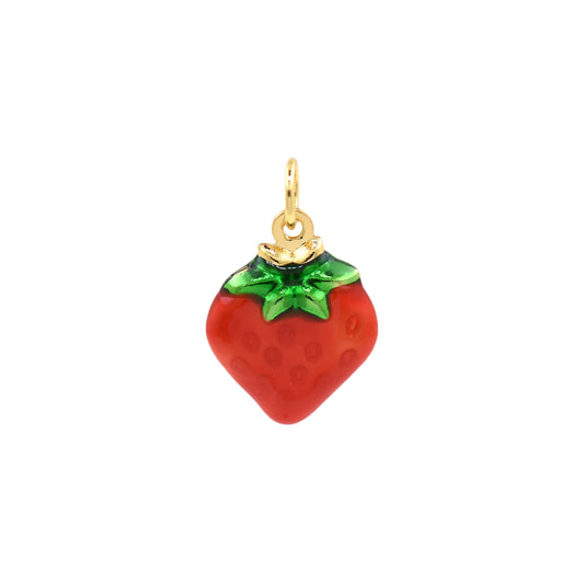 18K Gold Cute Fruit Pendant,Enamel Strawberry Charms 15.5x11.5mm