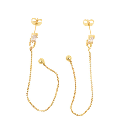 Shiny Gold Drop Earrings Featuring Fine Chains And Cubic Zirconia Studs 97x4mm