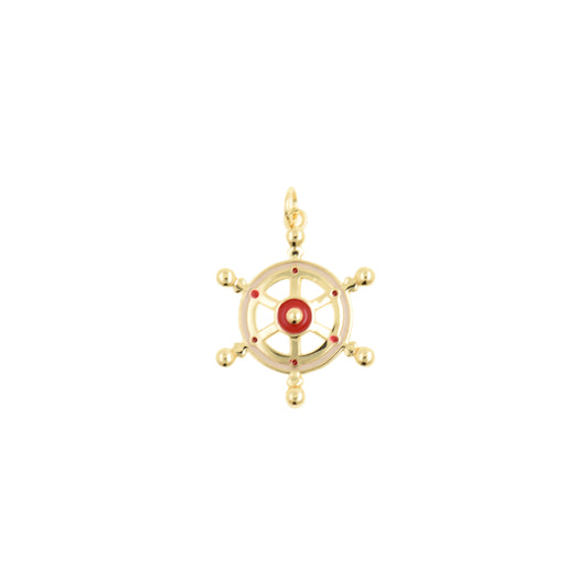 Gold Ship Wheel Pendant With Red Center 19.6x24.6mm