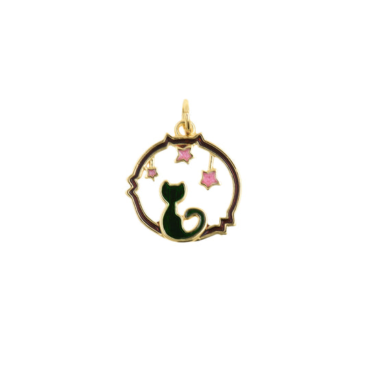 Enamel Cat And Stars Pendant 15.5x16.4mm
