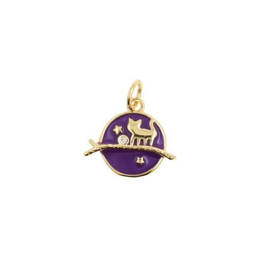 Enamel Night Cat Pendant With Stars 14.6x12.6mm
