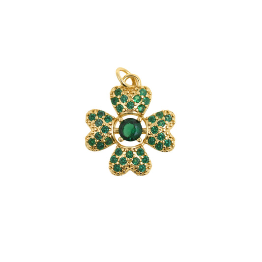Luxurious Four-Leaf Clover Pendant with Green Gems 17x19.4mm