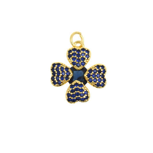 Exquisite Gold Clover Charm with Blue Sapphire Accents 16x18.4mm