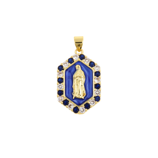 Hexagon Blue Virgin Mary Pendant With Gold Frame And Crystal Border 16.9x25.2mm