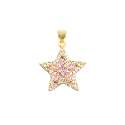Dazzling Star Pendant With Pink CZ Flower Center 20.5x19mm