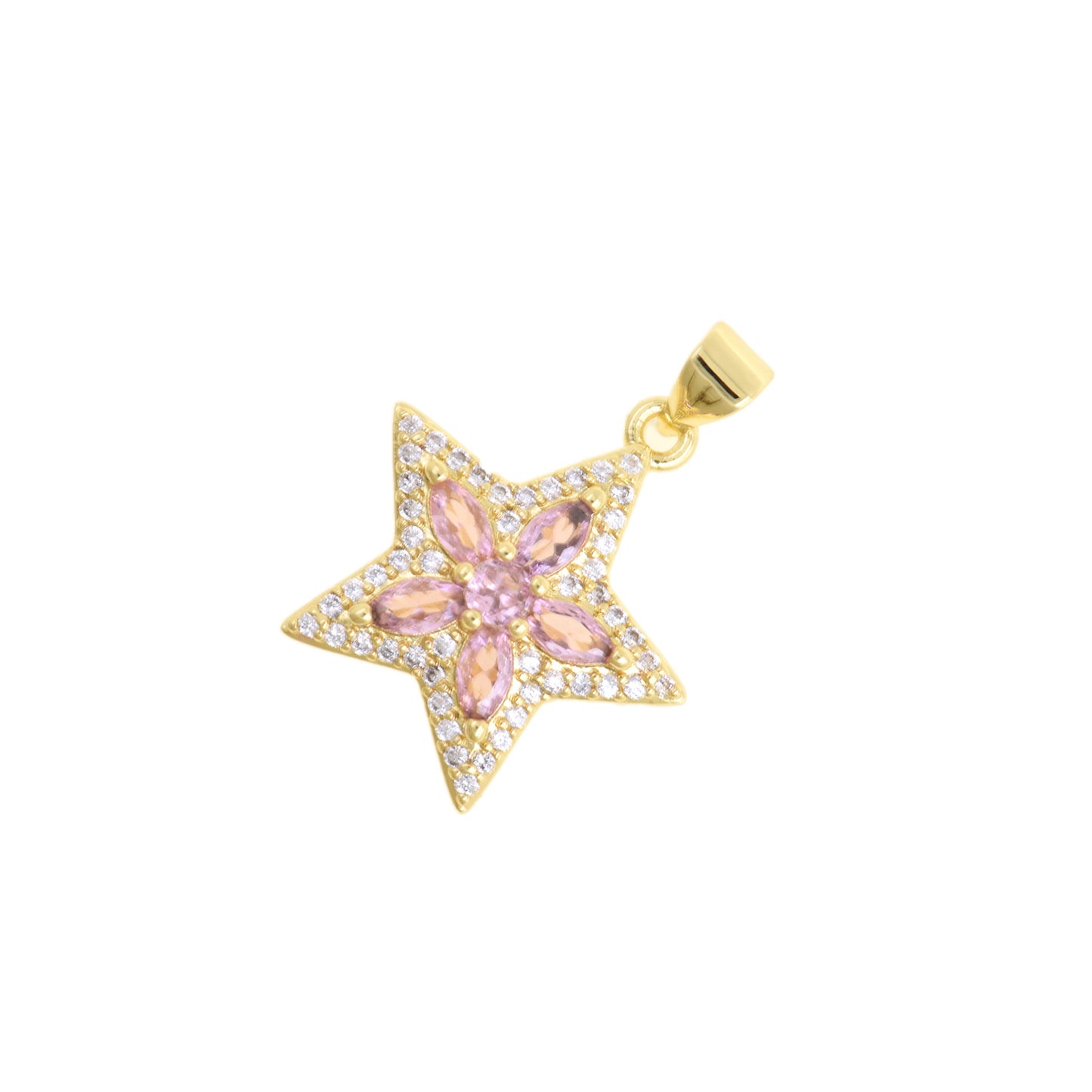 Dazzling Star Pendant With Pink CZ Flower Center 20.5x19mm