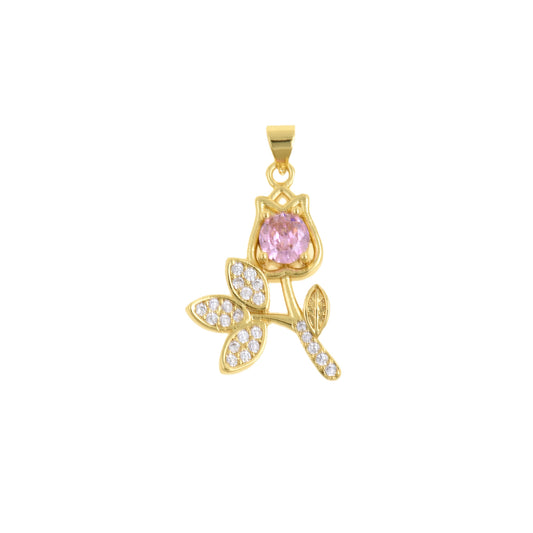 Elegant Gold Rose Flower Pendant With Pink CZ Center 27x18mm