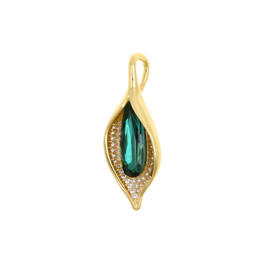 Elegant Leaf Shaped Pendant With Deep Green Teardrop Crystal 38x14mm