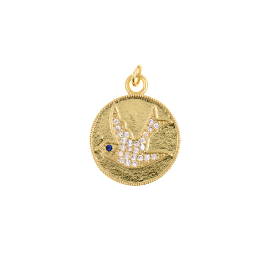 Vintage Gold Round Pendant With CZ Flying Bird Motif 19.5mm