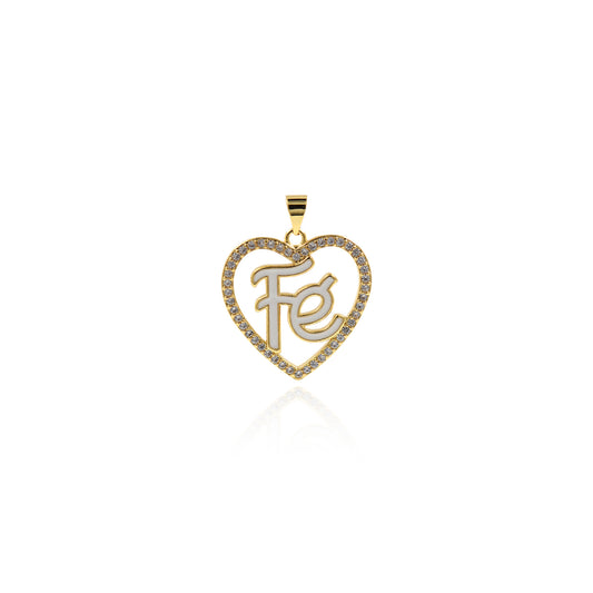 18k Gold Filled "Fe" Faith Clear Cubic Zirconia Heart Pendant Charm Faith Charm 23x25mm