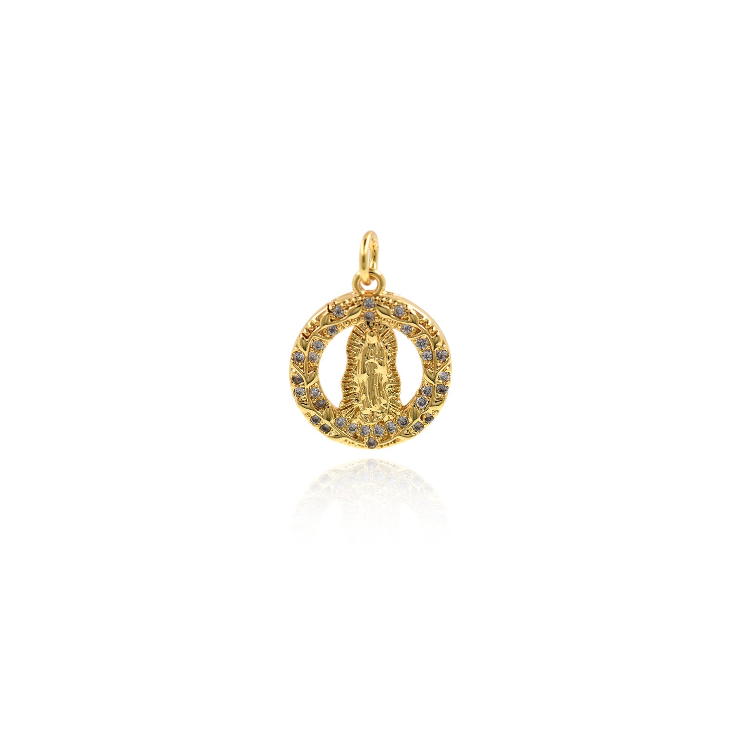 18k Gold Virgin Mary Pendant,CZ Paved Lady Guadalupe Charm 15x17mm