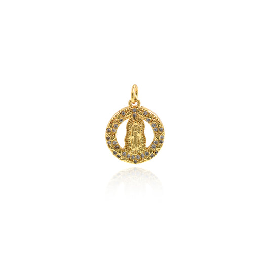 18k Gold Virgin Mary Pendant,CZ Paved Lady Guadalupe Charm 15x17mm