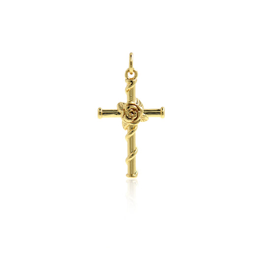 Dainty Gold Rose Flower Cross Pendant 15x25.5mm