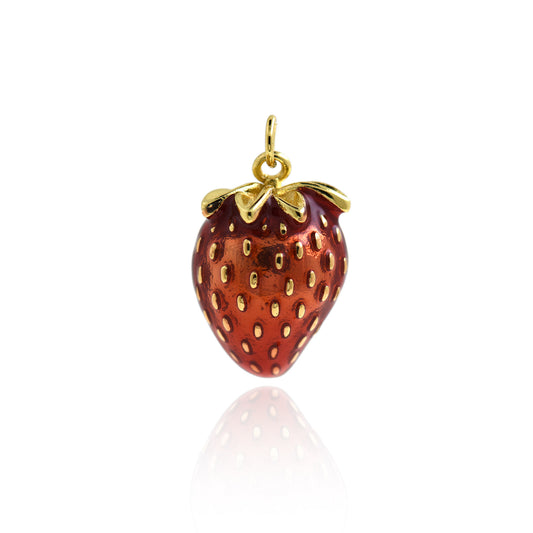 Cute Enamel Strawberry Charm,18K Gold Filled Fruit Pendant 22x15mm