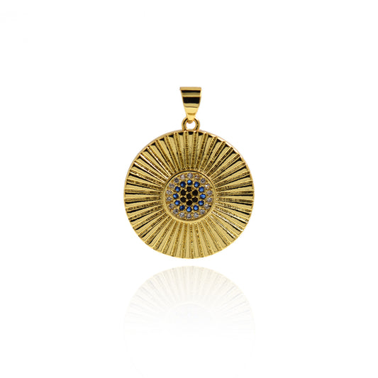 18K Gold Filled Round Pendant，Micro-Inlaid Gemstone 22mm