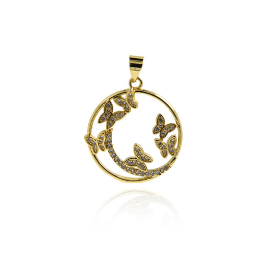 Brass Round Butterfly Pendant - Raw Brass Circle Butterfly Pendant 22mm