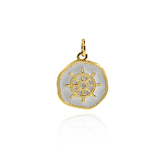 Exquisite 18K Gold Filled Rudder Pendant, Round White Enamel Pendant 17x14.5mm